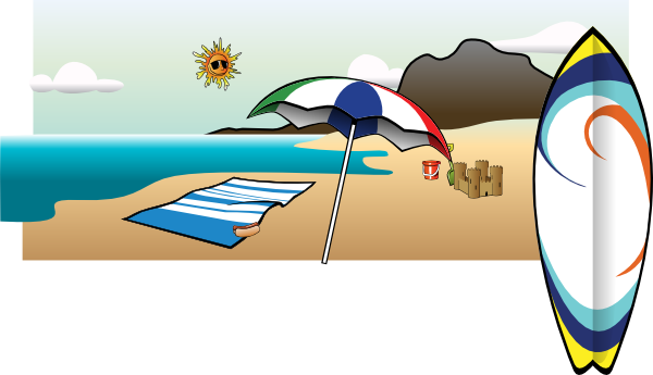 Umbrella Clipart Beach Towel - Surf Board Clip Art (600x345)