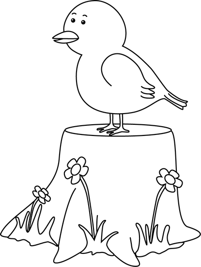 Black And White Bird On A Tree Stump Clip Art - Under Pictures Clipart Black And White (415x550)