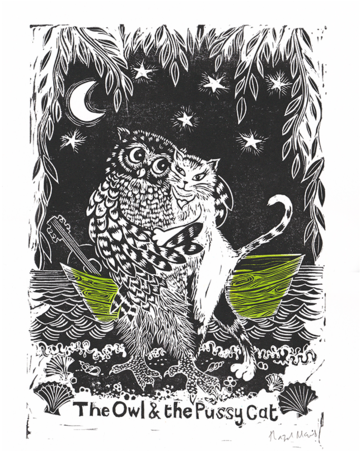 The Owl And The Pussy Cat Linocut Print - Owl And Pussycat Lino Cut (480x450)