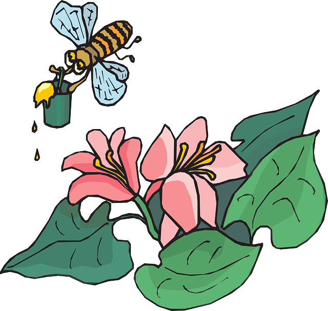 Insect Flowers, Cartoon, Bucket, Bee, Flying, Leaves, - Bees And Pollen Clipart (640x607)