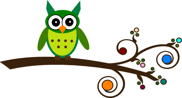 Green - Owl On Branch Clipart (600x325)