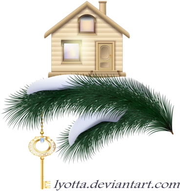 House With Golden Key On A Pine Branch With Snow By - Cottage (400x400)