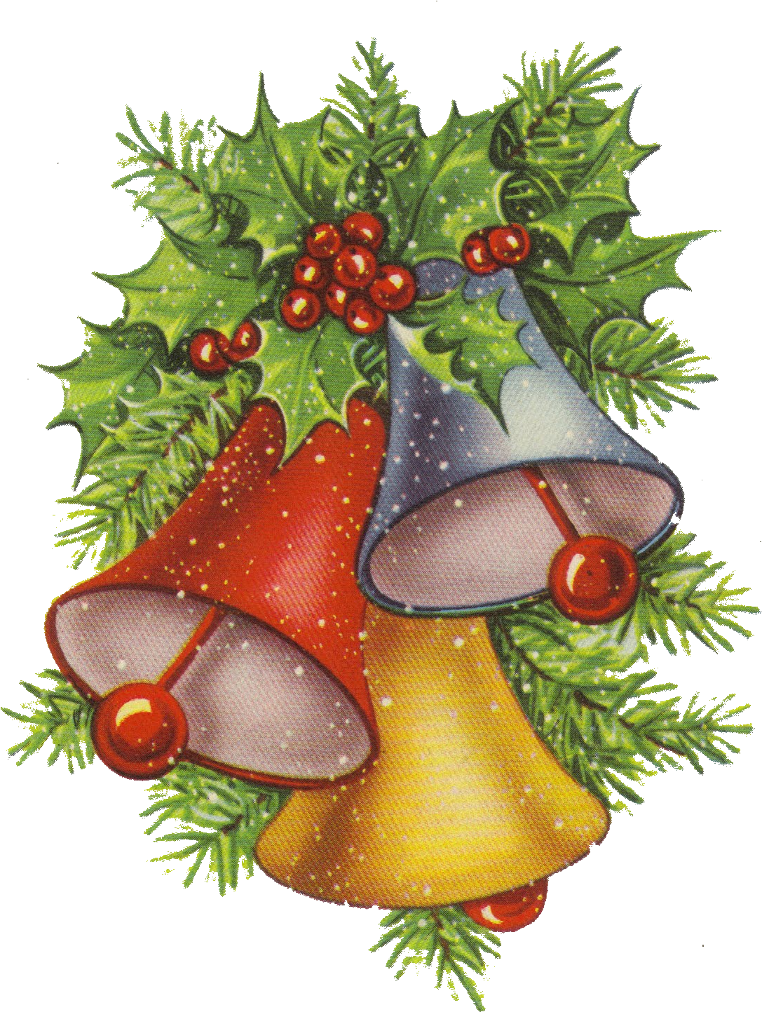Christmas Holly And Bells Clip Art - Vintage Retro Weihnachtspostkarte Postkarte (1273x1600)