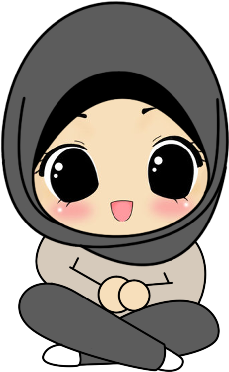 Doodle Muslimah Duduk Kelabu - Cartoon Hijab (500x800)