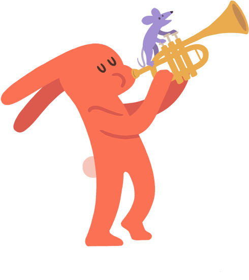 Cartoon Rabbit Playing A Trumpet, A Mouse Pressing - Trumpet (600x600)