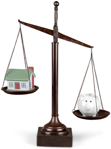 Scales Of Justice With Model House And Piggy Bank - Weighing Scale (406x550)