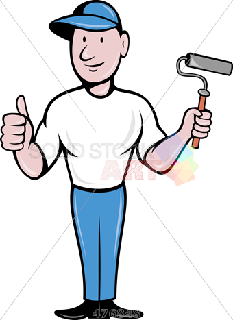 Stock Illustration Of Old Fashioned Cartoon Illustration - House Painter Paint Roller Thumbs Up Cartoon Card (340x467)