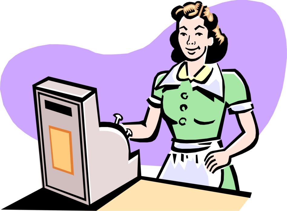 Vector Illustration Of 1950's Vintage Style Cashier - Cash Register Person Clipart (948x700)