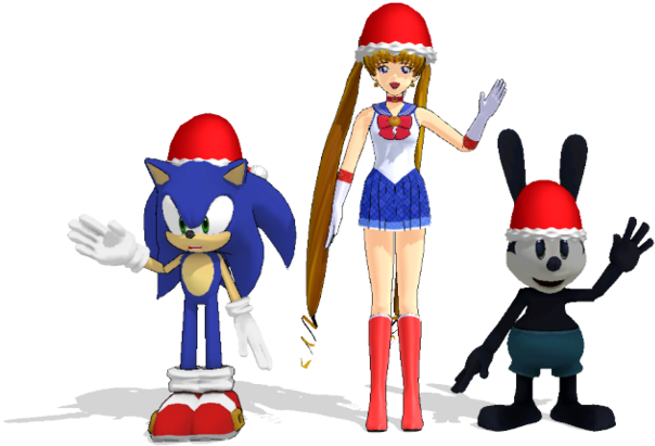 Sonic, Sailor Moon And Oswald With Santa Claus Hat - Cartoon (900x421)