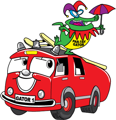 Par-tay Gator Standing On Gator 1 Fire Truck Cartoon - Mardi Gras Clip Art (413x433)