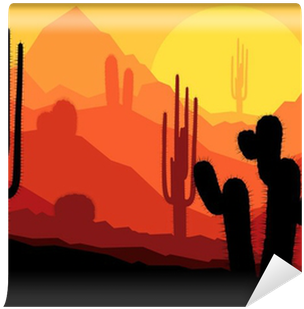 Cactus Plants In Mexico Desert Sunset Vector Wall Mural - Mexican Canyon Cactus (400x400)