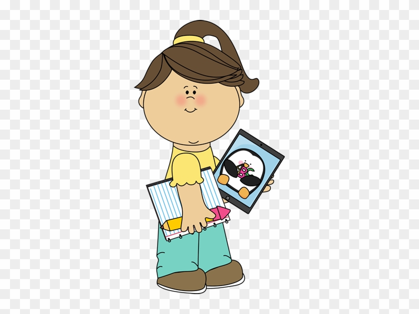 Girl With School Supplies And Tablet - Sad Face Girl Clipart #2365