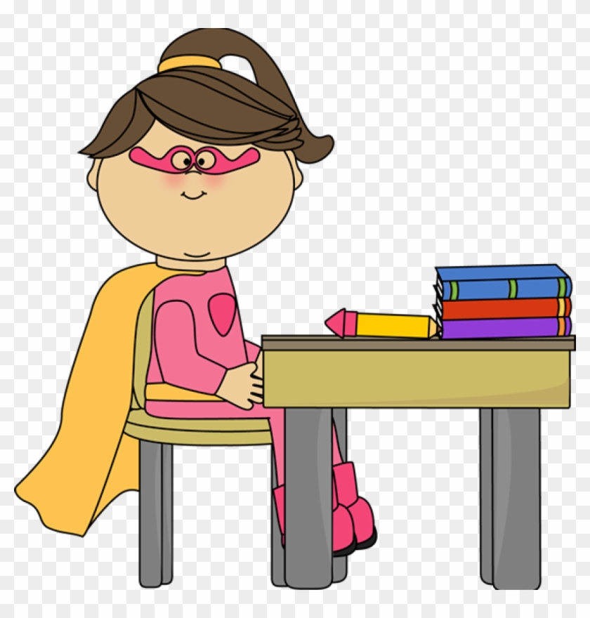 Girl Superhero At School Desk - Girl At Desk Clip Art #2838