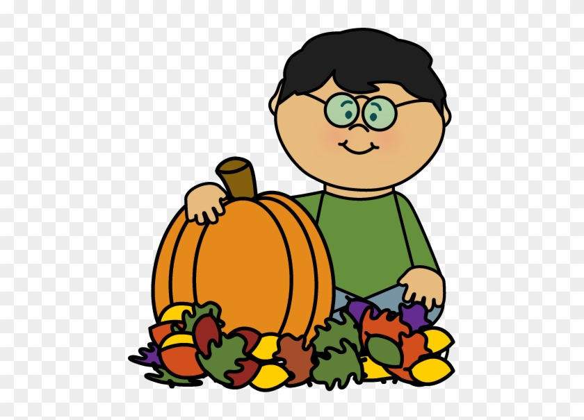 Boy Sitting In Leaves With Pumpkin Clip Art - Fall Kids Clipart #4146