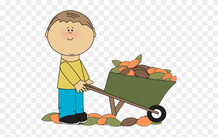 Boy With A Wheelbarrow Full Of Fall Leaves Clip Art - Wheelbarrow Clipart #4142