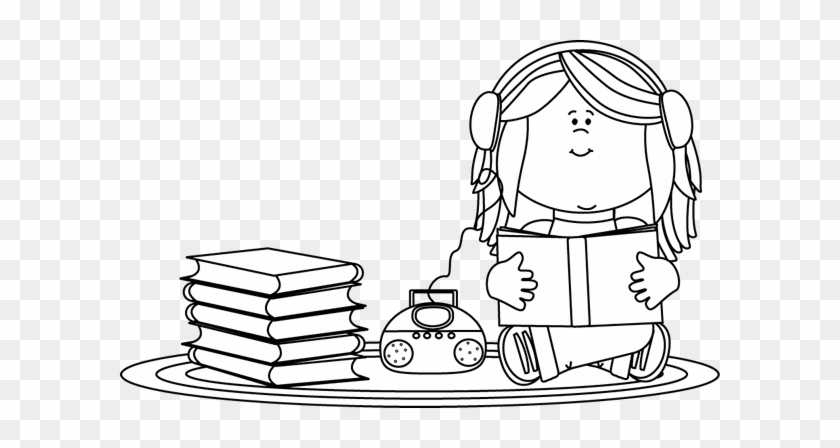 Black And White Girl Listening To A Book On A Cd Player - Girls Reading Clipart Black And White #4430