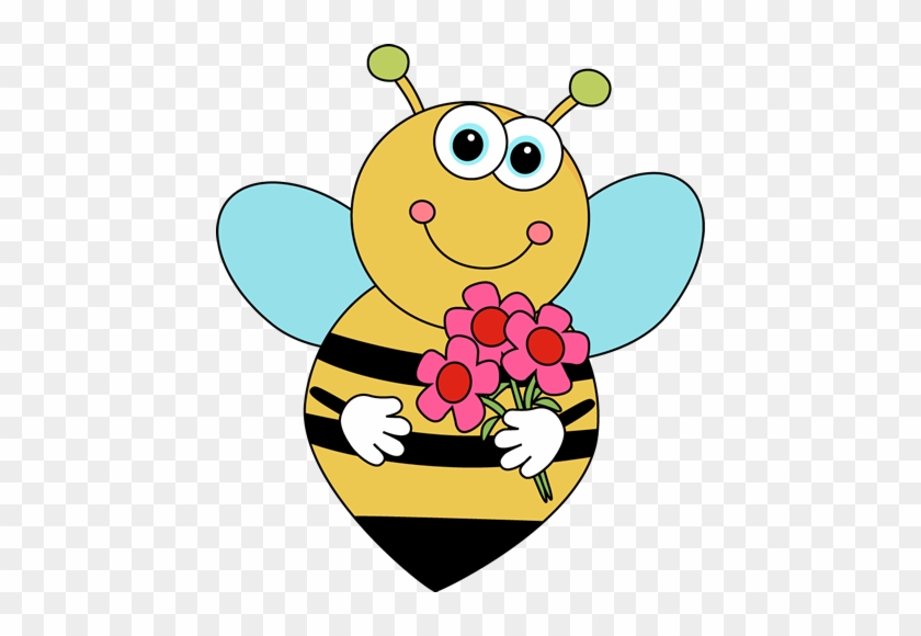 Cartoon Valentine's Bee With Flowers - Bees And Flowers Clipart #7443