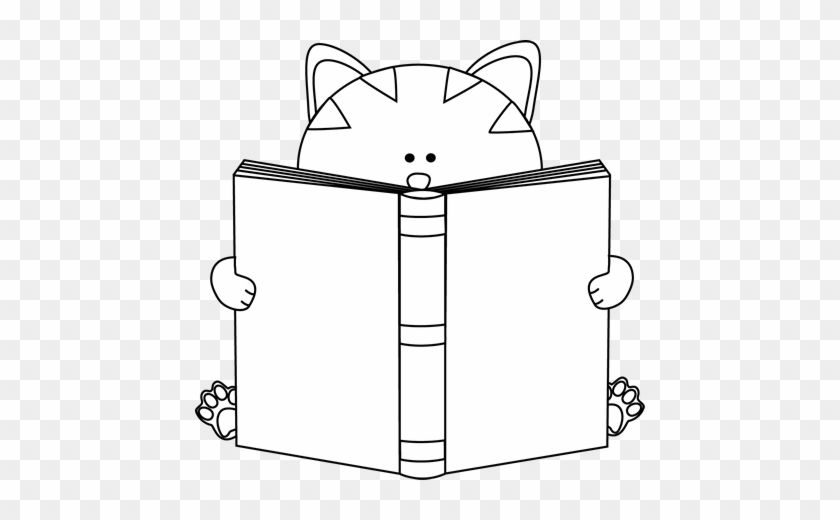 Black And White Cat Reading A Book - Cute Book Clipart Black And White #12331