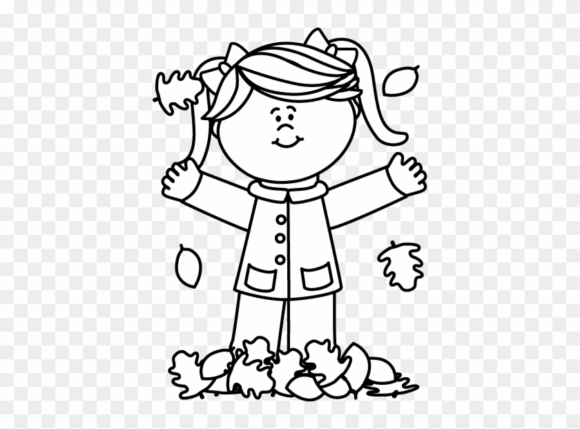 Black And White Girl Playing In Leaves Clip Art - Clipart Black And White Girl #13157