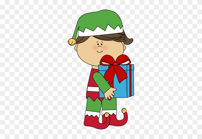Girl Christmas Elf With Gift - Elves Making Toys Clipart #14998