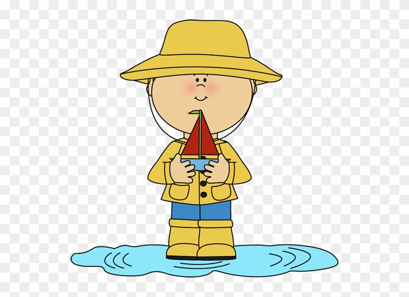 Boy In Rain Puddle With Toy Boat - Boy In Raincoat Clipart #15142