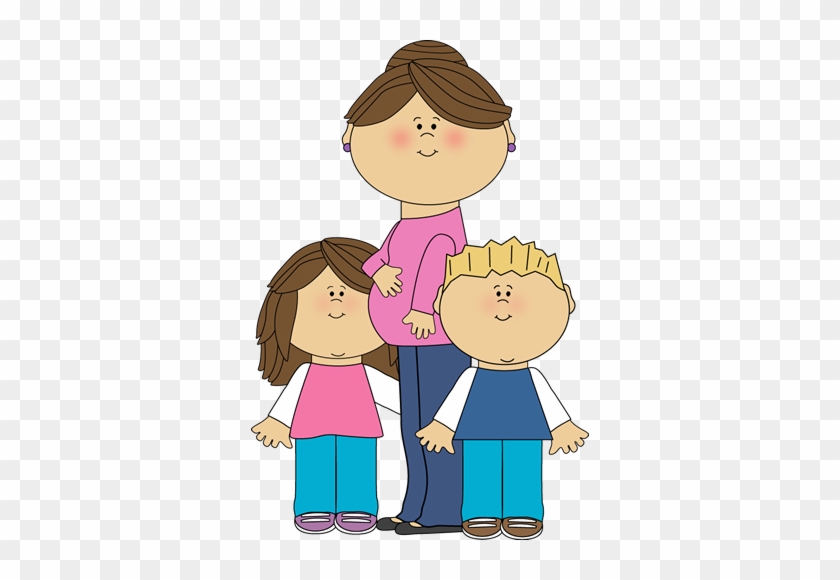 Brunette Pregnant Mom With Kids - Clip Art Kid And Mom #78862