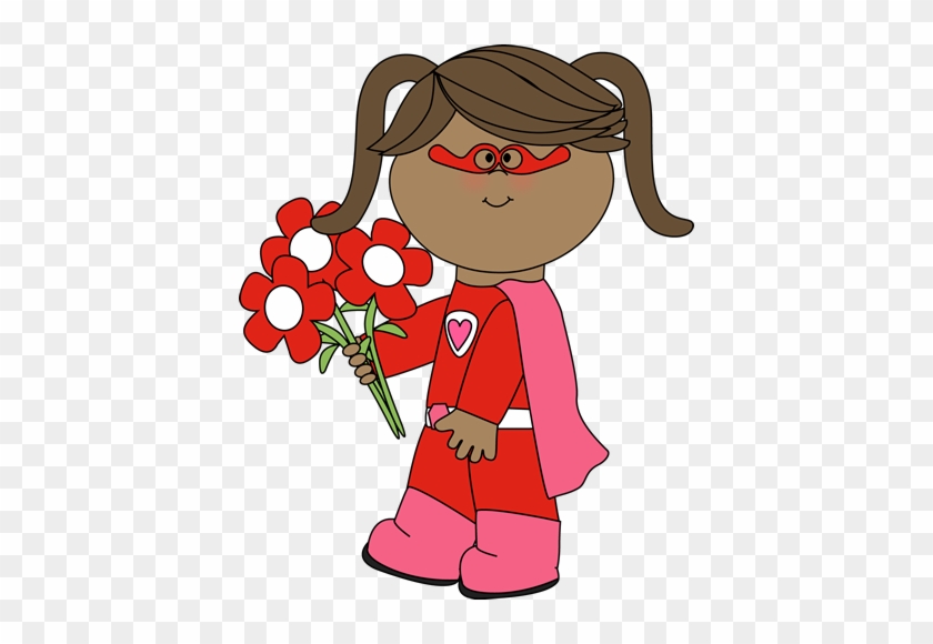 Valentine's Day Superhero Girl With Flowers Clip Art - Superhero Valentine Clip Art #80483
