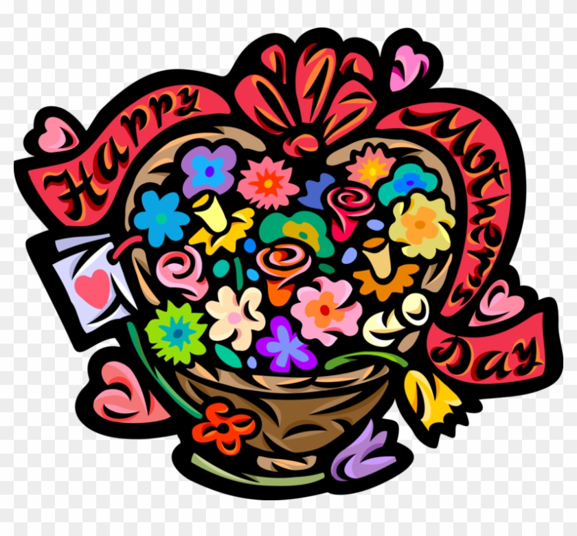 Vector Illustration Of Happy Mother's Day Flower Basket - Mother's Day #80730