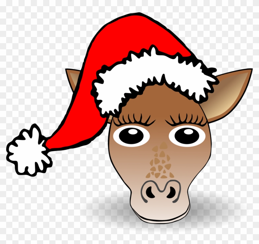 Funny Giraffe Face Cartoon With Santa Claus Hat - Cartoon Face Of Funny Santa #85644