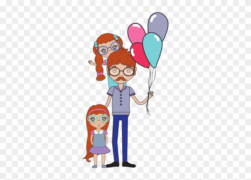 Father With His Daughters Holding Balloons - Cartoon #464524