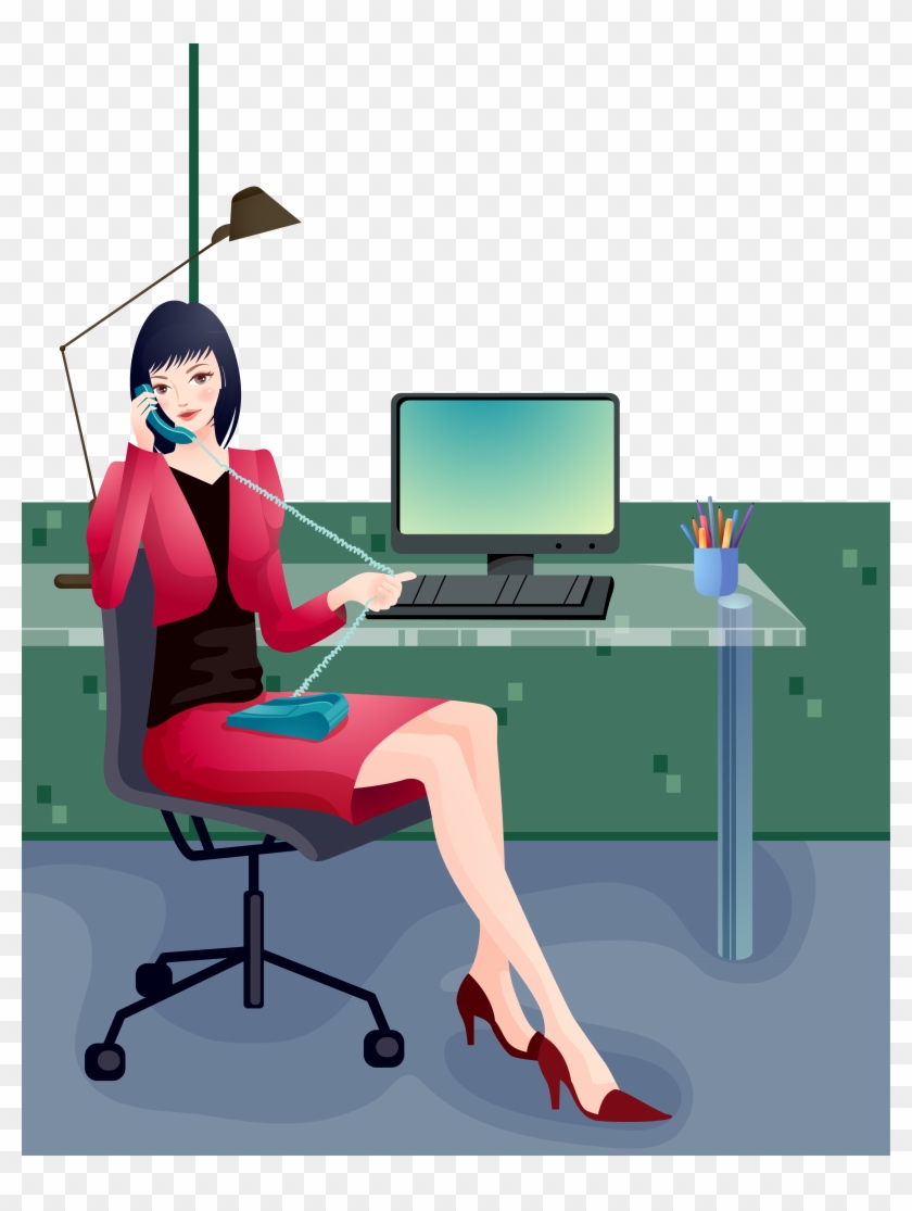 Cartoon Woman Computer File - Office Lady Sitting On Desk Illustration #466591