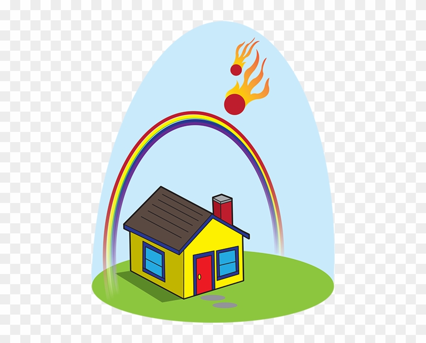 Cartoon Of Little House Under A Rainbow, With Two Flaming - Rainbows With A House Under #467734