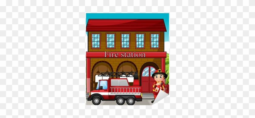 A Fireman With A Fire Truck In A Fire Station Sticker - Imagenes De Fire Station #480675