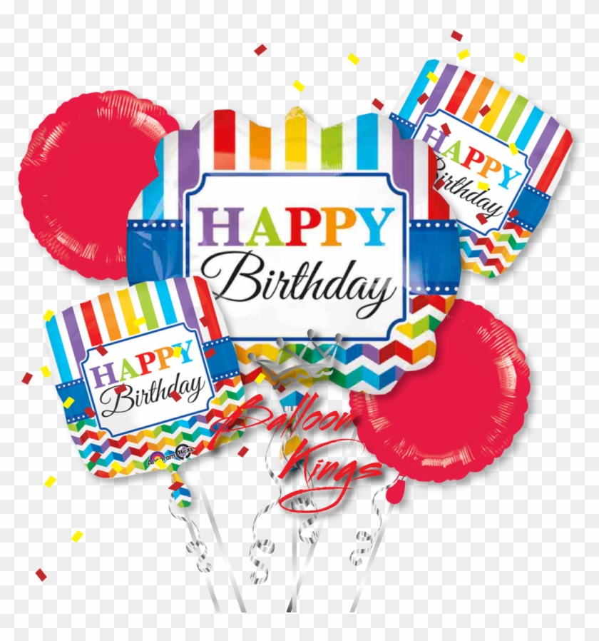 Happy Birthday Stripe And Chevron Bouquet - Bouquet Bright Birthday Balloon Packaged - Mylar Balloons #488388
