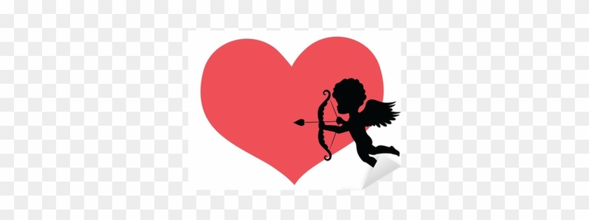 Silhouette Of A Cupid And A Big Red Heart On The Background - Silueta De Cupido Png Sin Fondo #489135