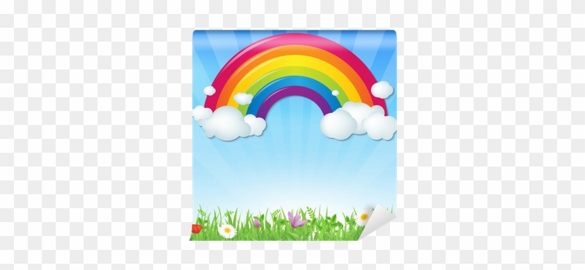 Color Rainbow With Clouds Grass And Flowers Wall Mural - Color Rainbow With Clouds #495838