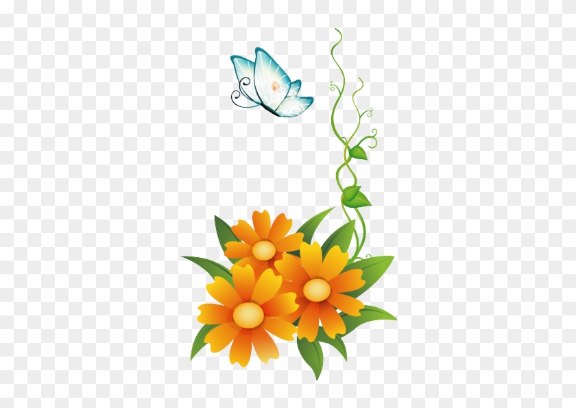 Comartres Orange Flowers With Butterfly - Butterfly With Flower Png #514319