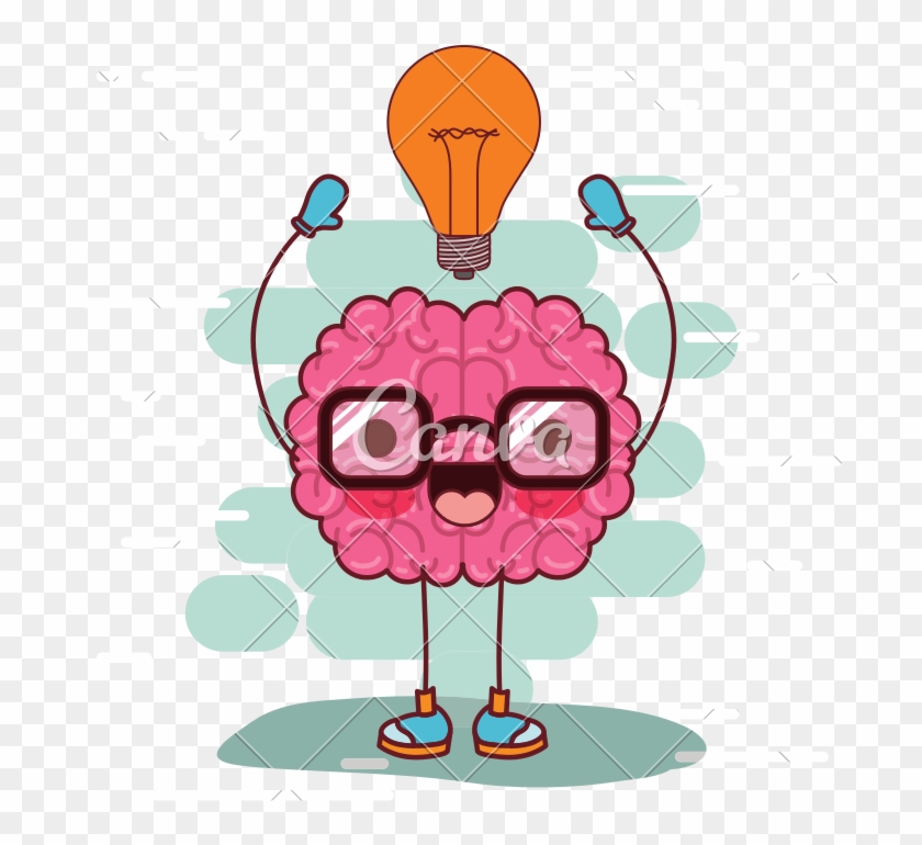Brain Cartoon With Glasses And Light Bulb On Top In - Blue #523545