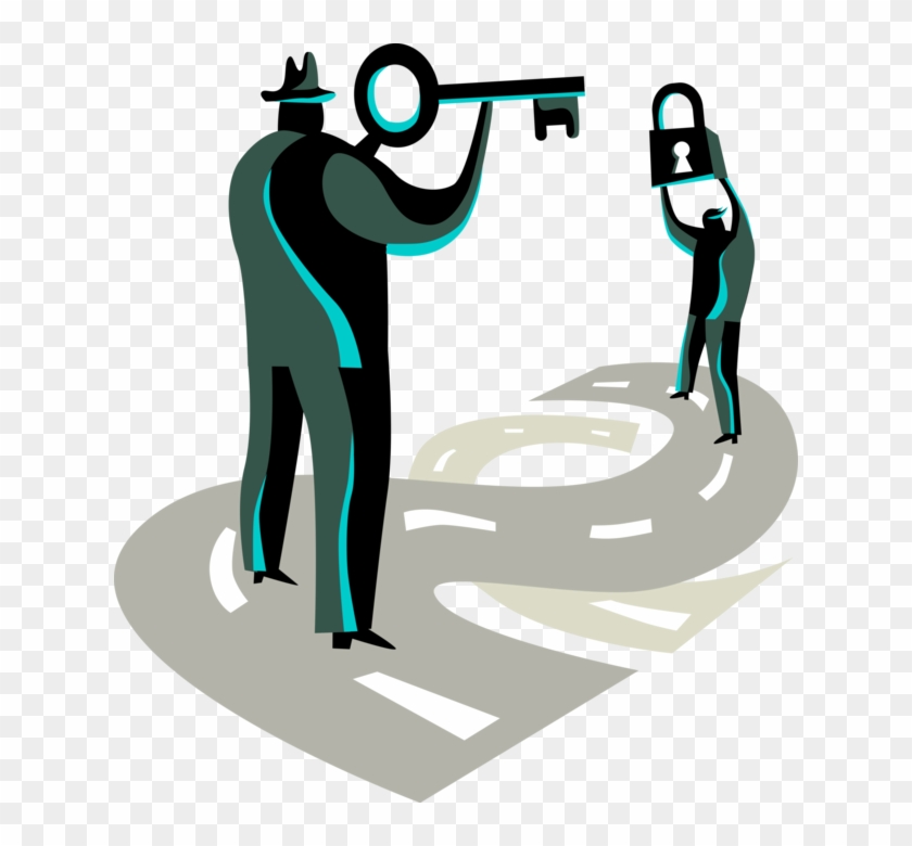 Vector Illustration Of Businessman Holds Key To Unlock - Illustration #527907
