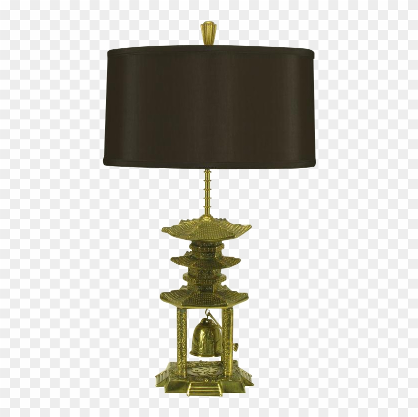 Brass Pagoda Temple Table Lamp With Hanging Bell On - Lamp #529091