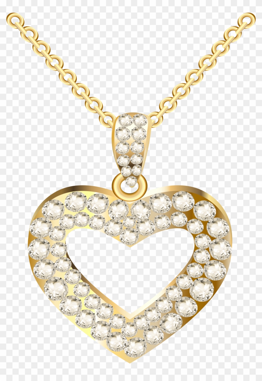 Golden Heart Necklace With Diamonds Png Clipart - Gold Diamond Necklace Png #531729