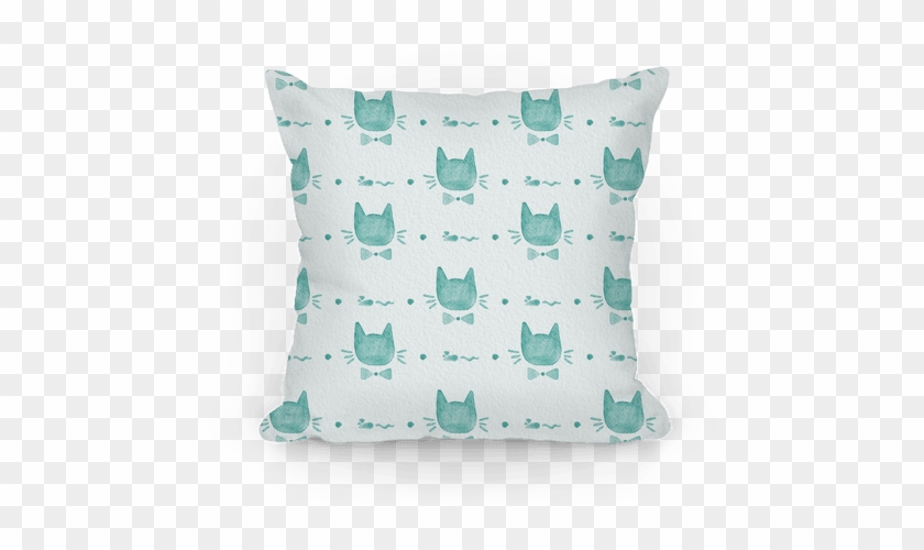 Turquoise Watercolor Cat Bow Tie Pattern Pillow - White #531902