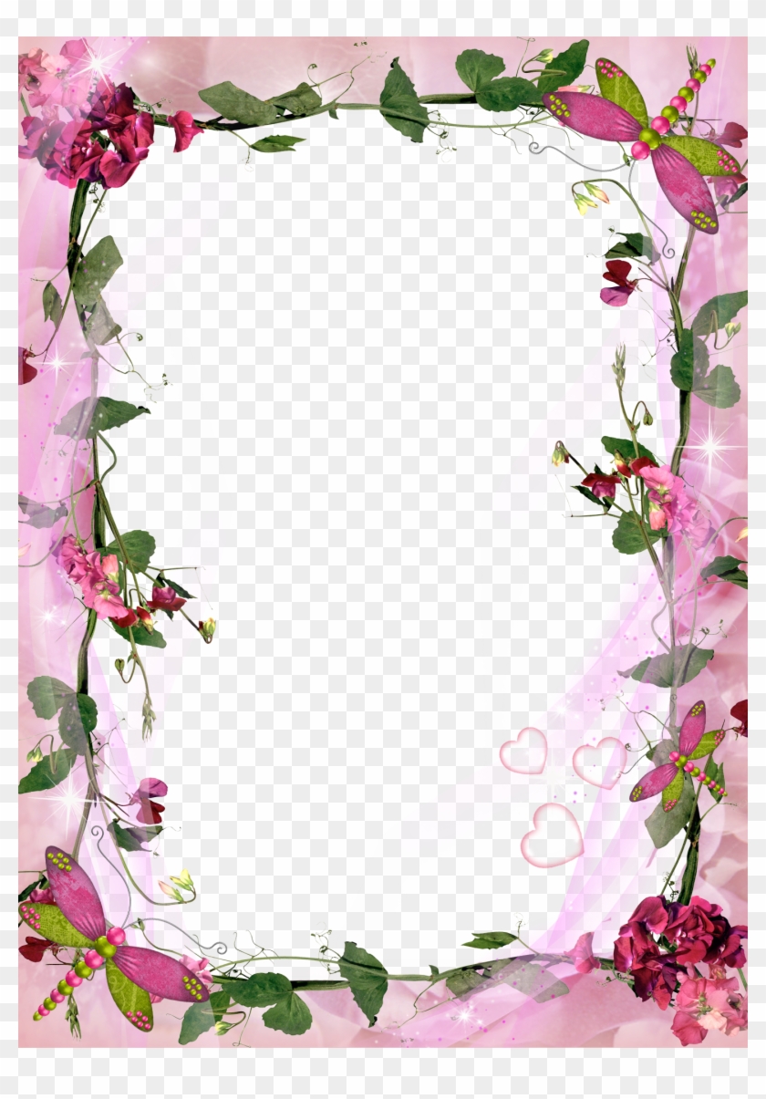 Transparent Pink Photo Frame With Pink Flowers - Transparent Png Flowers Frame Png #535006