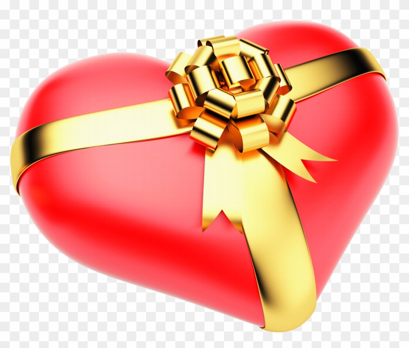 Large Red Png Heart With Gold Bow - Imagens De Coração 3d #97651