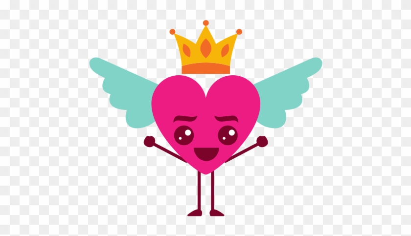 Cartoon Heart In Love Happy Kawaii Wings And Crown - Vector Graphics #568951