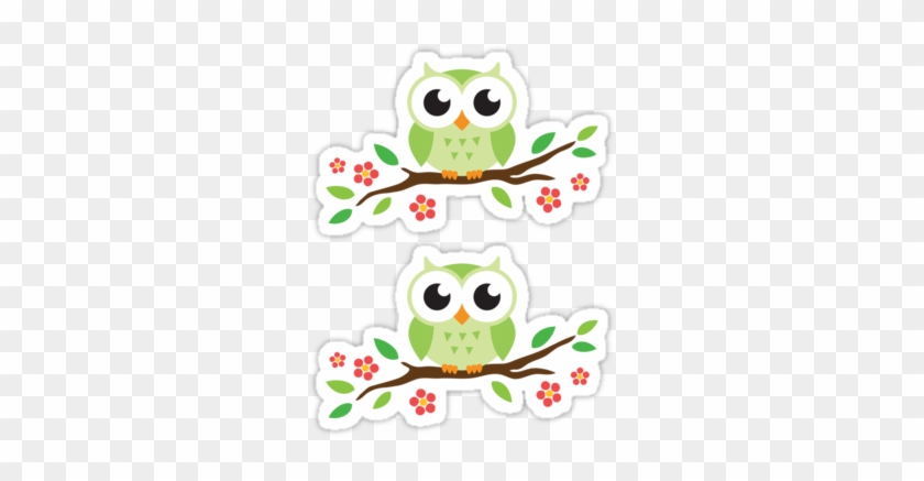 Portfolio › Cute Green Cartoon Owl On Floral Branch - Cartoon Owl On A Branch #569540