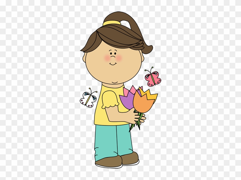 Girl With Spring Tulips Clip Art - Classroom Commands Flashcards Pdf #582072