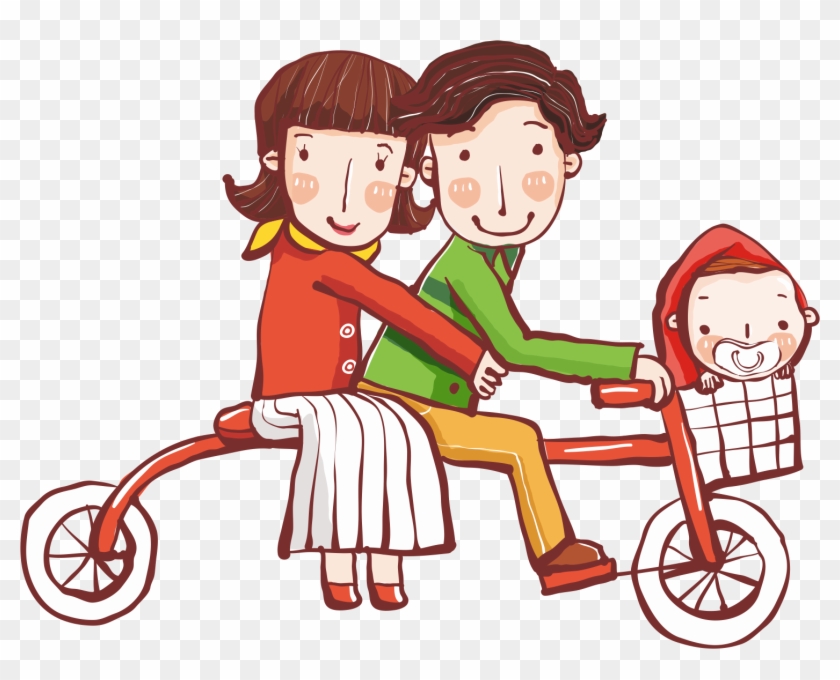 Family Of Three Creative Cartoon Riding A Bike - Bicycle #587510