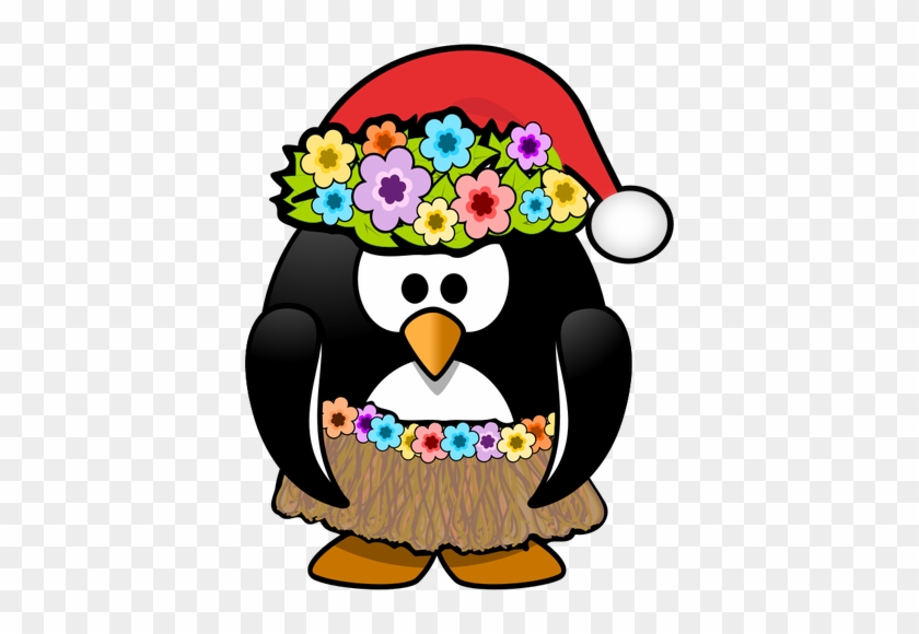 Hula Penguin Ready With Christmas Hat Vector Clip Art - Hawaiian Christmas Clip Art #595847