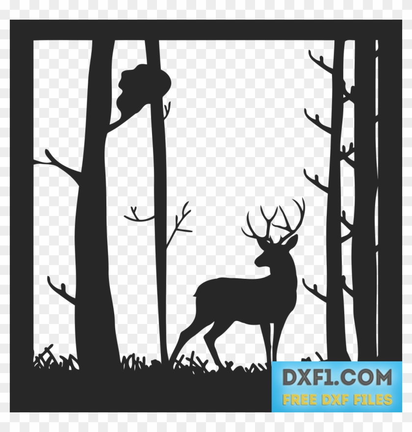 Deer In The Forest Landscape Vector Dxf Svg - Stencil Cutting Of Animals #598555